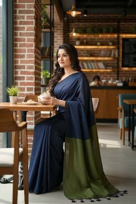 Blue & green fancy cotton handloom saree with blouse piece for women 2