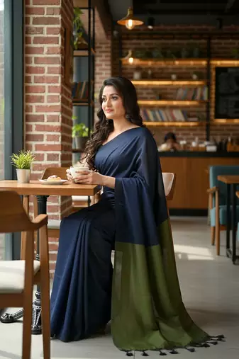 Blue & green fancy cotton handloom saree with blouse piece for women