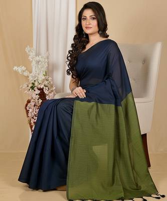 Blue & green fancy cotton handloom saree with blouse piece for women 3