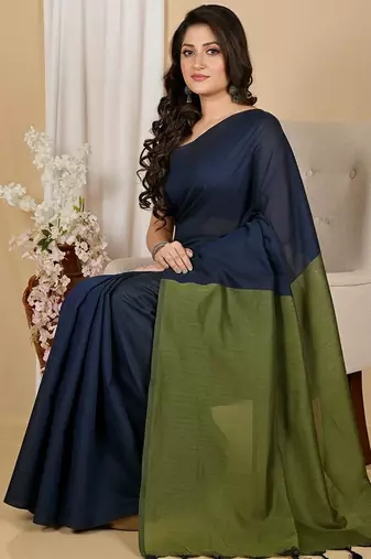 Blue & green fancy cotton handloom saree with blouse piece for women