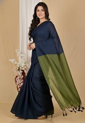 Blue & green fancy cotton handloom saree with blouse piece for women 4