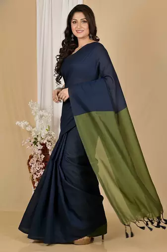Blue & green fancy cotton handloom saree with blouse piece for women