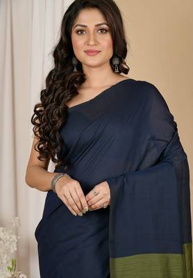Blue & green fancy cotton handloom saree with blouse piece for women 5