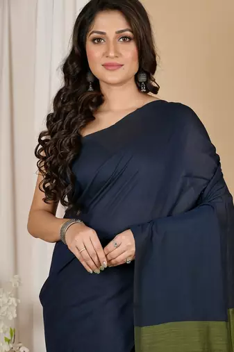 Blue & green fancy cotton handloom saree with blouse piece for women