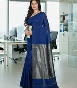 Blue fancy cotton handloom saree with blouse piece for women