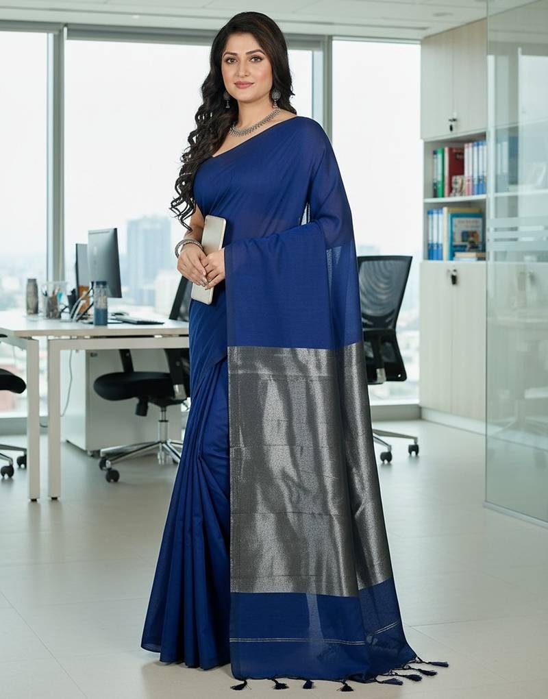 Blue fancy cotton handloom saree with blouse piece for women