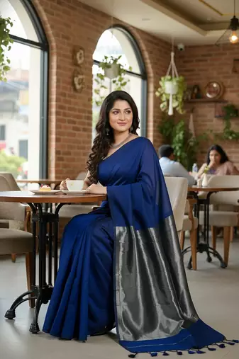 Blue fancy cotton handloom saree with blouse piece for women