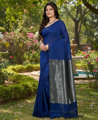 Blue fancy cotton handloom saree with blouse piece for women 3