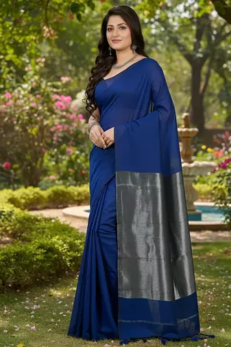 Blue fancy cotton handloom saree with blouse piece for women