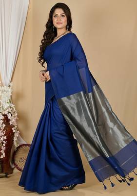 Blue fancy cotton handloom saree with blouse piece for women 4