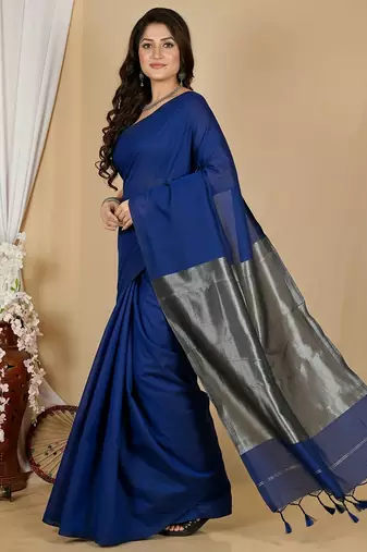 Blue fancy cotton handloom saree with blouse piece for women