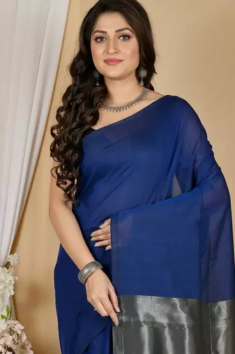 Blue fancy cotton handloom saree with blouse piece for women