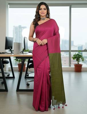 Green & pink fancy cotton handloom saree with blouse piece for women 1