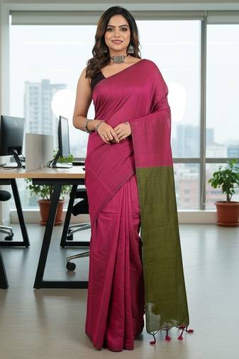 Green & pink fancy cotton handloom saree with blouse piece for women