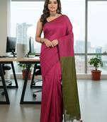 Green & pink fancy cotton handloom saree with blouse piece for women