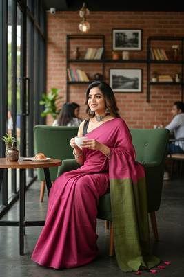 Green & pink fancy cotton handloom saree with blouse piece for women 2