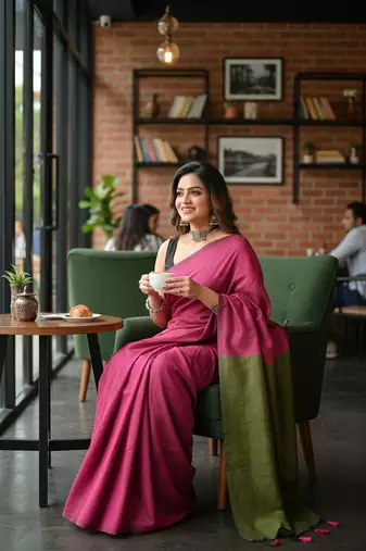 Green & pink fancy cotton handloom saree with blouse piece for women