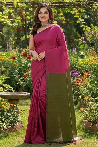 Green & pink fancy cotton handloom saree with blouse piece for women