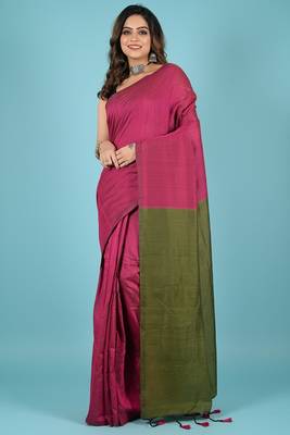 Green & pink fancy cotton handloom saree with blouse piece for women 4