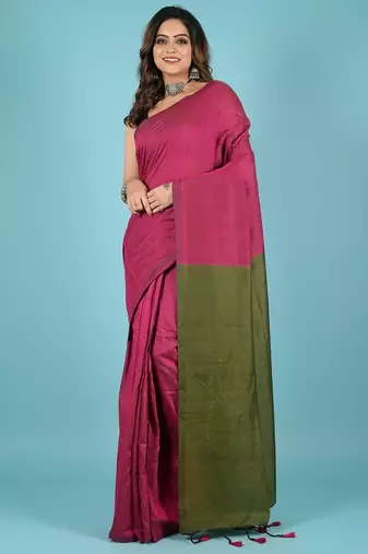Green & pink fancy cotton handloom saree with blouse piece for women