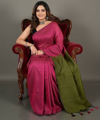 Green & pink fancy cotton handloom saree with blouse piece for women 5