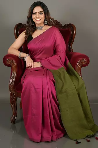 Green & pink fancy cotton handloom saree with blouse piece for women