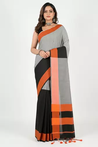 Charcoal fancy cotton handloom saree with blouse piece for women