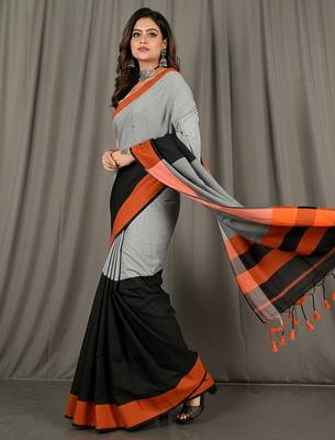 Charcoal fancy cotton handloom saree with blouse piece for women 4