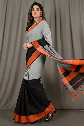 Charcoal fancy cotton handloom saree with blouse piece for women