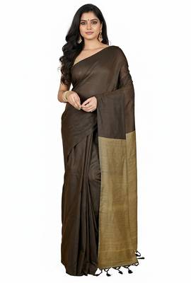 Coffee & cream fancy cotton handloom saree with blouse piece for women 1