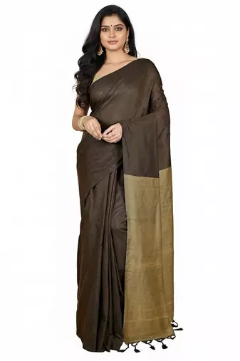 Coffee & cream fancy cotton handloom saree with blouse piece for women