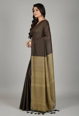 Coffee & cream fancy cotton handloom saree with blouse piece for women 2