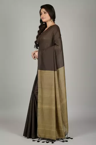 Coffee & cream fancy cotton handloom saree with blouse piece for women