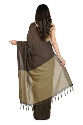 Coffee & cream fancy cotton handloom saree with blouse piece for women 3