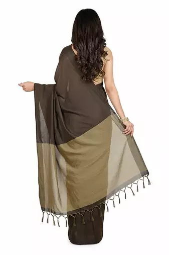 Coffee & cream fancy cotton handloom saree with blouse piece for women