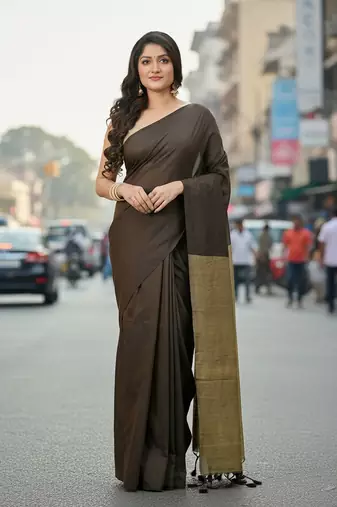 Coffee & cream fancy cotton handloom saree with blouse piece for women