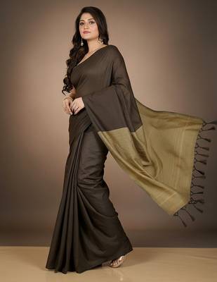 Coffee & cream fancy cotton handloom saree with blouse piece for women 5