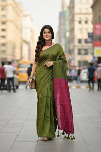 Green & pink fancy cotton handloom saree with blouse piece for women