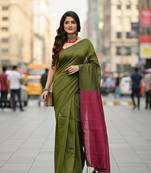 Green & pink fancy cotton handloom saree with blouse piece for women