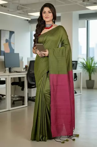Green & pink fancy cotton handloom saree with blouse piece for women
