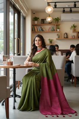 Green & pink fancy cotton handloom saree with blouse piece for women 3