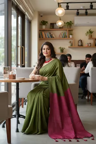 Green & pink fancy cotton handloom saree with blouse piece for women