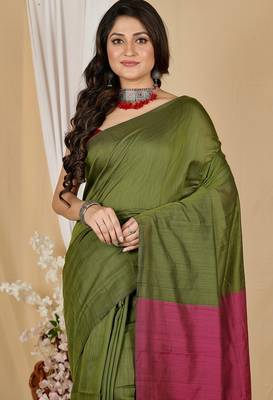 Green & pink fancy cotton handloom saree with blouse piece for women 5