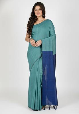 Turquoise fancy cotton handloom saree with blouse piece for women 1