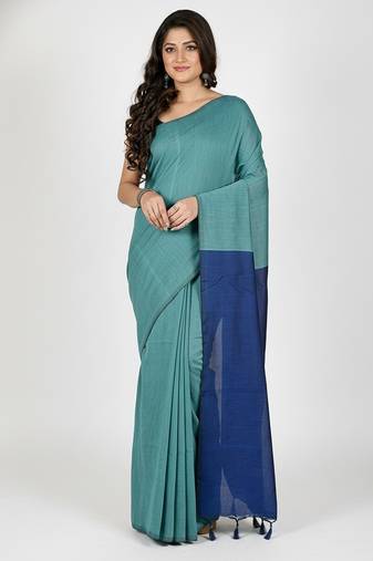 Turquoise fancy cotton handloom saree with blouse piece for women