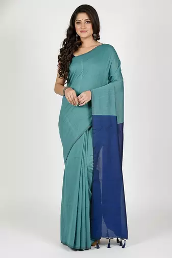 Turquoise fancy cotton handloom saree with blouse piece for women