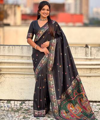 Black soft silk baluchari zari meena weaving saree with matching blouse piece 1