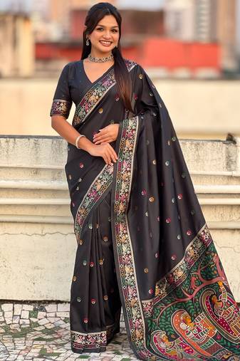 Black soft silk baluchari zari meena weaving saree with matching blouse piece