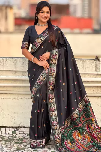 Black soft silk baluchari zari meena weaving saree with matching blouse piece