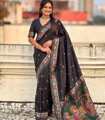 Black soft silk baluchari zari meena weaving saree with matching blouse piece